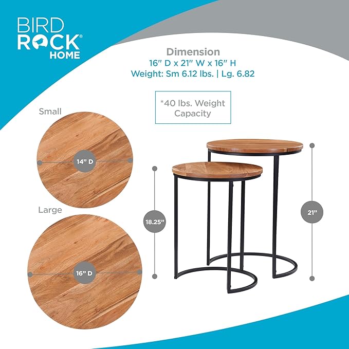BIRDROCK HOME Wooden Nesting Side Tables - Mid Century Modern Stackable Coffee Table - Space-Saving Wooden End Table for Living Room, Bedroom, Centerpiece, Office, Balcony - Natural Mango Wood - 2 Set