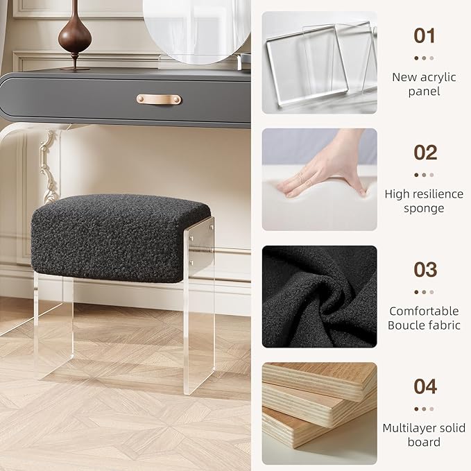 Vanity Stool Chair and Foot Rest -Modern Vanity Stool and Footstool with Wool and Acrylic Leg for Makeup Room, Living Room , Bedroom, Boucle Ottomans for Birthday, Christmas, Halloween, Easter Gifts