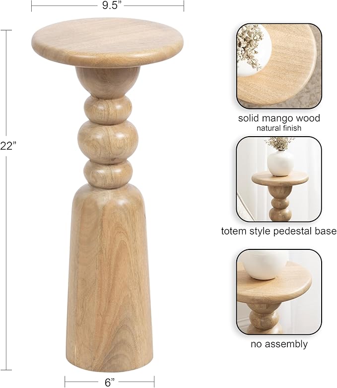 Kate and Laurel Tirollo Modern Round Drink Table; 10 x 10 x 22; Natural Wood; Living Room Accent Pedestal Table with Turned Base for Use as Indoor Plant Stand