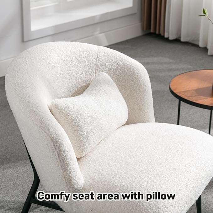 DUOMAY Modern Accent Chairs Set of 2, Sherpa Upholstered Leisure Boucle Single Sofa Lounge with Lumbar Pillow Metal Legs Slipper for Living Room Bedroom Office, White