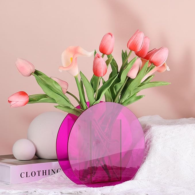 Purple Acrylic Vase Round for Modern Aesthetic Room Decor,Plastic Decorative Vase for Bedroom,Living Room Table - Hot Pink Acrylic Vase Decorative Centerpiece for Home or Wedding Office