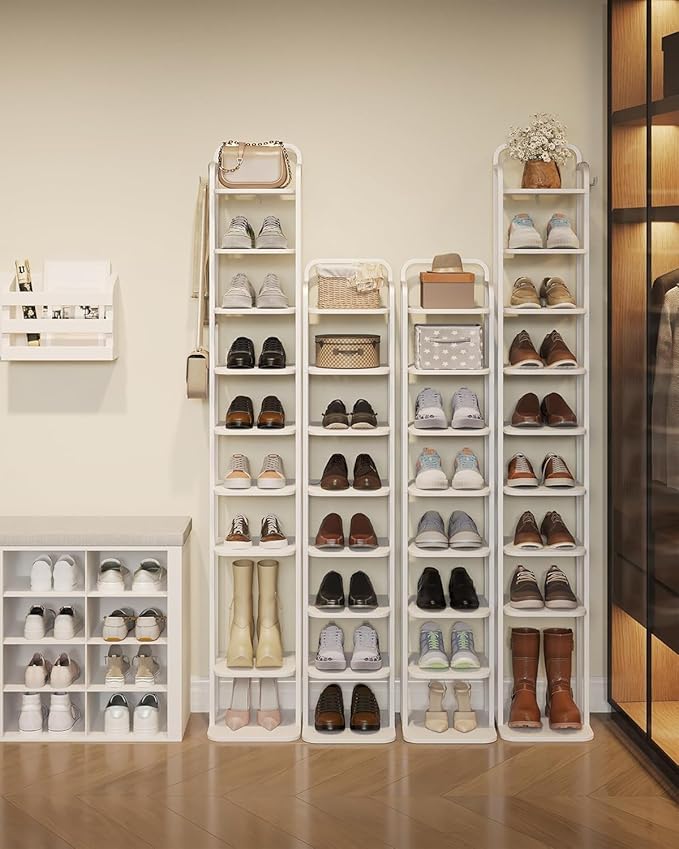 10 Tiers Vertical Shoe Rack, Narrow Shoe Tower, Tall Shoes Shelf with 2 Hooks, Adjustable Shelves, Corner Shoes Shelves for Small Spaces, Entryway, Living Room, White SR11213W