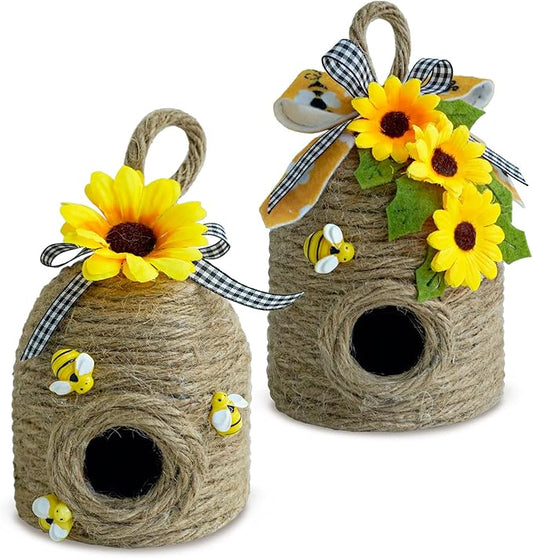 Bigger Bee Hive Decor,2 Pack Bumble Bee Rustic Decor,Natural Bee House, Bumble Bee Theme Party Decor Spring Summer Rustic Farmhouse Kitchecn Table Decor, Honeybee Tiered Tray Decor