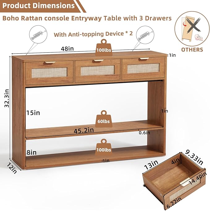 LEYAOYAO 48" Boho Rattan Console Table with 3 Drawers Set of 2,Wooden Entryway Table with Open Storage Shelf, 3 Tier Narrow Long Behind Couch Sofa Tables for Living Room, Hallway, Foyer, Brown