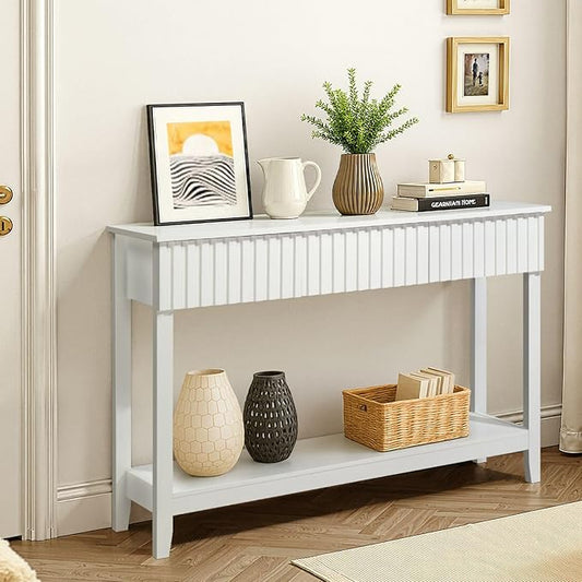 Karl home 51" White Console Table with 3 Fluted Drawers, Modern Sofa Table with Open Storage Shelf for Living Room, Foyer Hallway