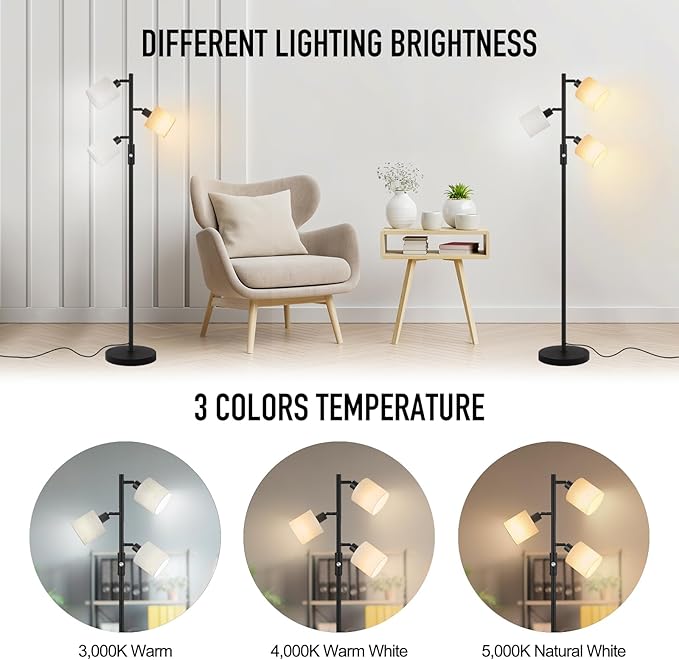 Floor Lamps for Living Room, Standing Lamp, 3-Light Tree Floor Lamp with Lampshade, Reading Floor Lamp with Rotary Switch, 63" Tall Lamp, Modern Pole Lamp for Bedroom Office Kids Room (5W LED Bulbs)