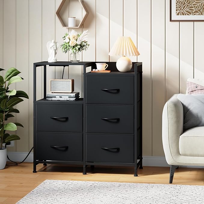 Somdot Black Nightstand with Charging Station and LED Light, Wide 5 Drawers Dresser for Bedroom with Fabric Bins and Open Shelf for Bedroom Kids Closet Dorm Guest Room, Black