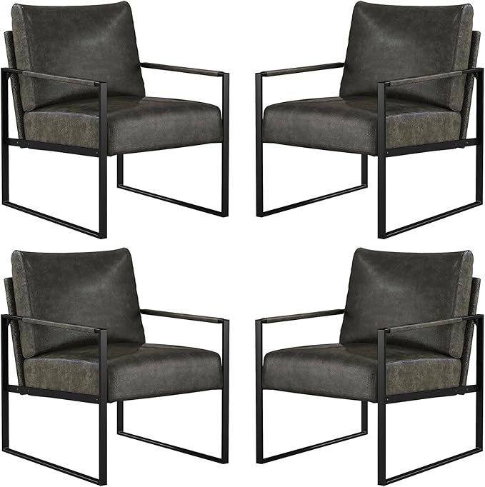 CANMOV Modern Accent Chair Set of 4, PU Leather Armchair with Metal Frame,Comfy Single Reading Chair with Soft Padded Backrest and Cushion for Living Room, Bedroom,Reading Room,Office,Dark Grey