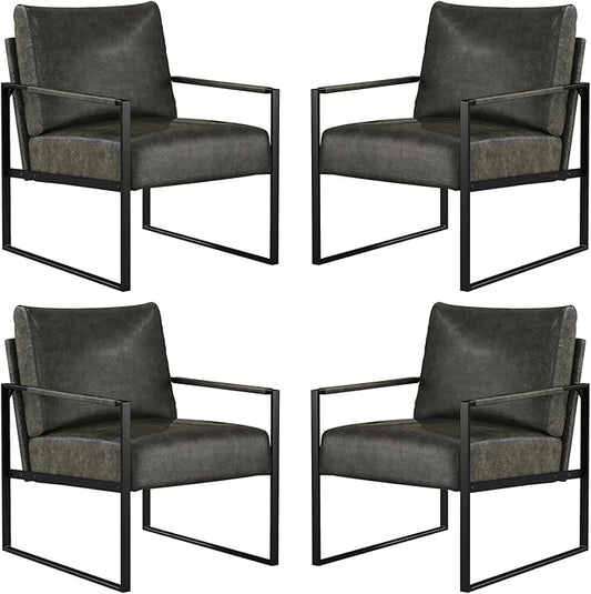 CANMOV Modern Accent Chair Set of 4, PU Leather Armchair with Metal Frame,Comfy Single Reading Chair with Soft Padded Backrest and Cushion for Living Room, Bedroom,Reading Room,Office,Dark Grey