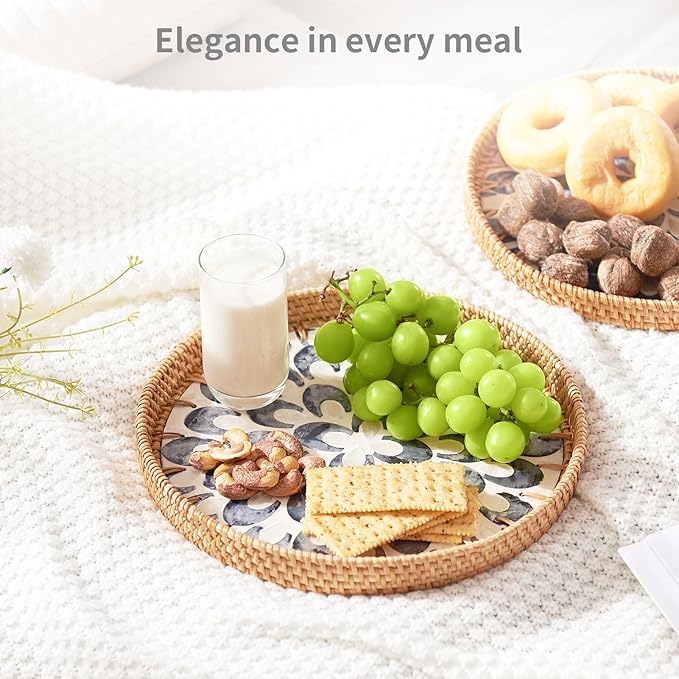 Rattan Tray with Mother of Pearl Inlay, Round Rattan Serving Tray with Wooden Base, Decorative Wicker Basket for Table Decor, Storage and Display of Jewelry Coffee Bread Food Fruit (Sapphire Blue)