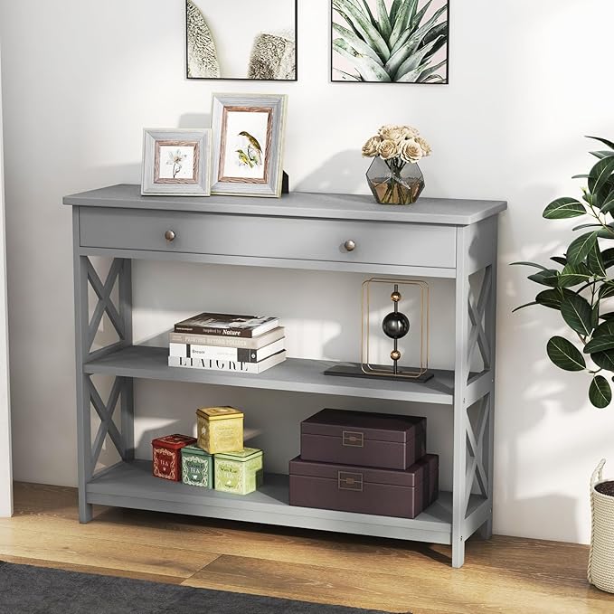 GOFLAME 39" Console Sofa Table with Drawers, 3-Tier Narrow Entry Table with Storage Shelves for Living Room Behind Couch, Entryway, Hallway (Grey)