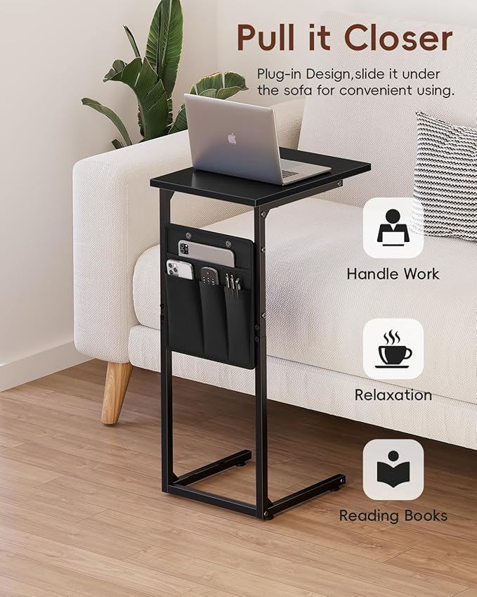Vagusicc C Shaped End Table, Small Side Table for Couch, Couch Side Table Arm C Table for Sofa, TV Tray Slide Under Sofa Drink Table with Metal Frame for Living Room, Bedroom, Bedside, Black