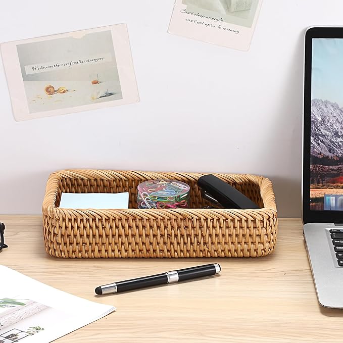 BTSKY Small Remote Basket for Coffee Table Entryway Living Room Rattan Serving Tray 10.1x6.1 inches Handwoven Wicker Baskets Decorative Tray for Remote Control Trinkets Rings Cosmetics Crackers Candy