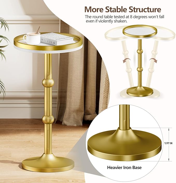 Small Round Side Table, Coffee Drink Table for Small Spaces, Modern Night Stand with Metal Leg, Weighted Iron Base Pedestal Round End Tables for Living Room, Bedroom, Narrow Corners,Sofa Couch