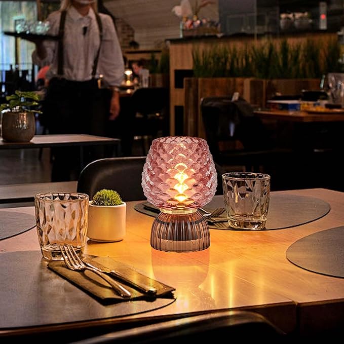 Battery Operated Lamp with Timer, Cute Small Cordless Glass Table Lamp for Home Decor, Kitchen, Bathroom, Birthday Gift for Women, Pinecone, Pink