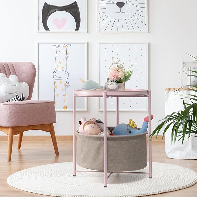 danpinera Round Side Table with Fabric Storage Basket, Metal Side Table Small Bedside Nightstand with Removable Tray Top for Living Room, Bedroom, Nursery, Laundry, Light Pink