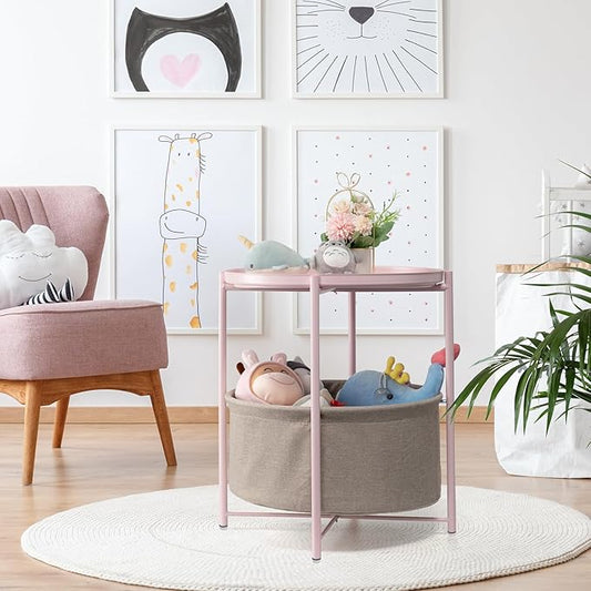 danpinera Round Side Table with Fabric Storage Basket, Metal Side Table Small Bedside Nightstand with Removable Tray Top for Living Room, Bedroom, Nursery, Laundry, Light Pink