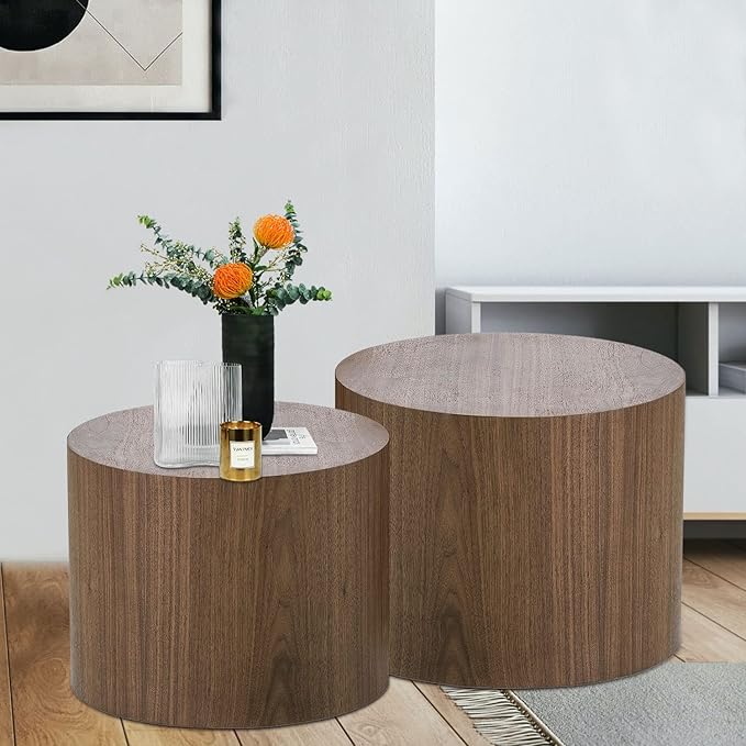 Nesting Coffee Table Set of 2, Modern Round Wooden Circle Accent Coffee Tables for Small Spaces Living Room Bedroom Balcony Office Drum Side Table