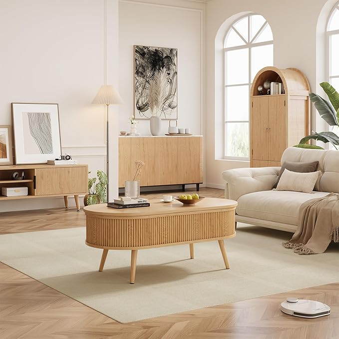 Mid Century Oval Coffee Table, Fluted Center Table with Lift Top, Modern Dining Table with Storage for Living Room Home Office, 39.4", Oak