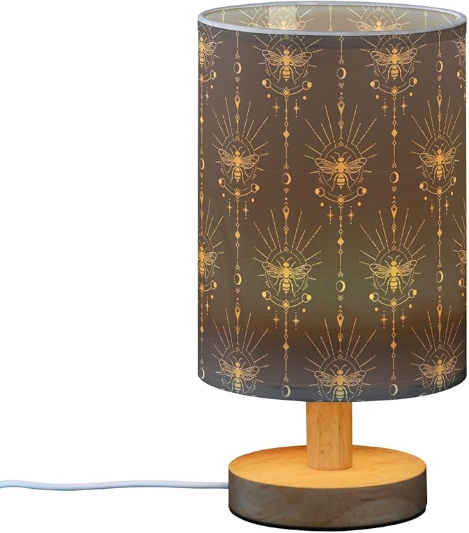 Table Lamp Gold Geometric Bee Moon Sun Stars Mystical Nightstand Lamp with Wood Base Fabric Lamp Shade Bedside Desk Lamp for Living Room Bedroom Kids Room Office