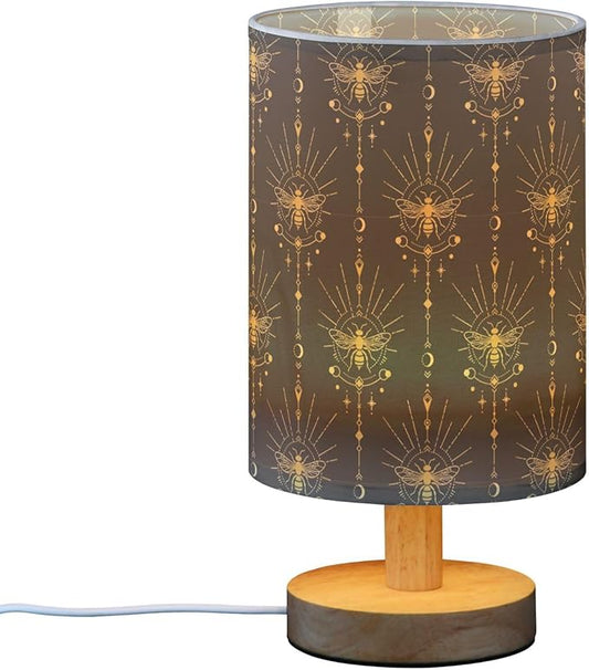 Table Lamp Gold Geometric Bee Moon Sun Stars Mystical Nightstand Lamp with Wood Base Fabric Lamp Shade Bedside Desk Lamp for Living Room Bedroom Kids Room Office