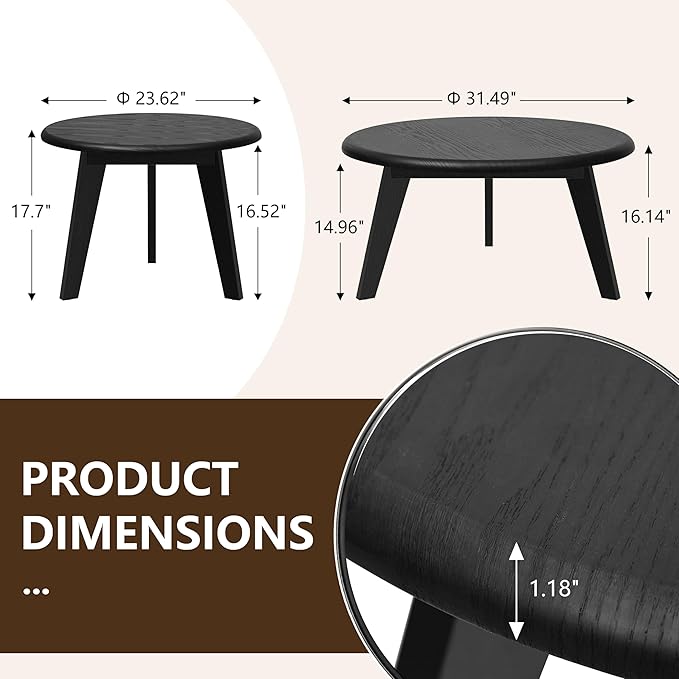 23.6" Coffee Table Mid Century Modern Farmhouse Round Nesting Stacking, Vintage Rustic Solid Wood, Black Accent Coffee Table for Living Room, Bedroom & Office, Espresso
