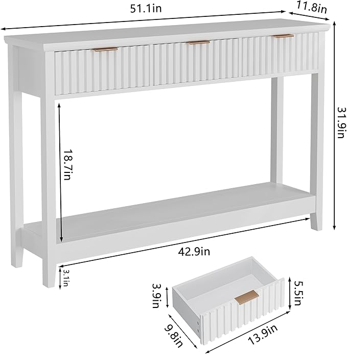 51 inch Entryway Table with Storage, Narrow Console Table with 3 Drawers, Modern Sofa Table with Open Storage Shelf for Living Room, Foyer Hallway, White