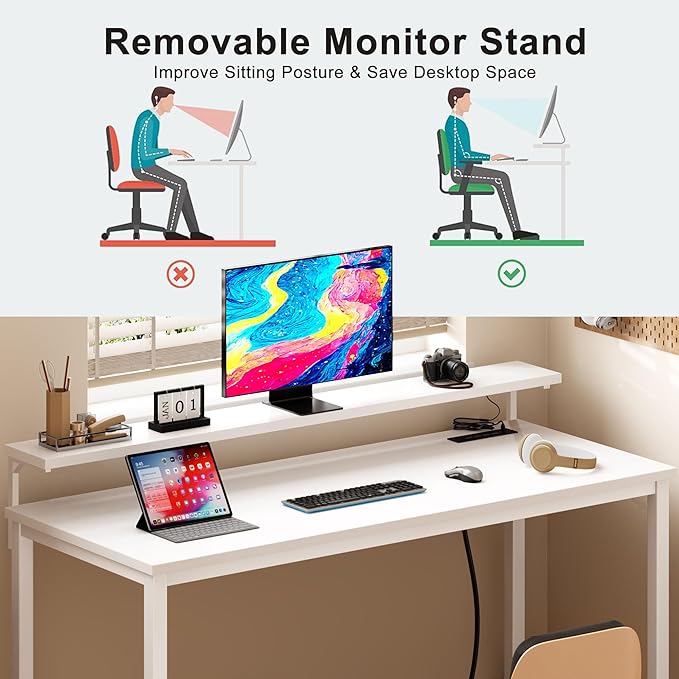 Need 60 inch Computer Desk with LED Lights & Power Outlets, Large Home Desk with Monitor Shelf, Writing Table Gaming Desk Home Office Desk, White