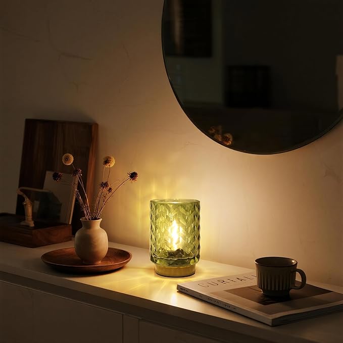 Battery Operated Lamp Cozy Bedside Ambience, Small Vintage Cordless Table Lamp for Shelf Office Desk, Glass Decorative Accent Lamp for Living Room/Entryway/Dorm Wave Design-Green