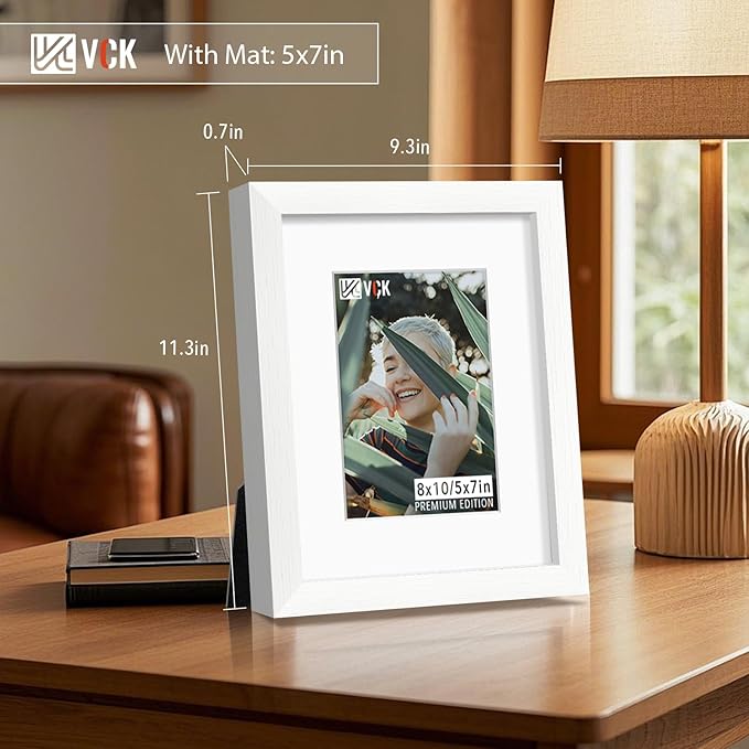 VCK Picture Frame 8×10 Inch Display Picture 5x7 with Mat or 8×10 without Mat Set of 2 Photo Frame with High Definition Real Glass Front Display Tabletop and Wall Mounting White