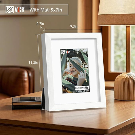 VCK Picture Frame 8×10 Inch Display Picture 5x7 with Mat or 8×10 without Mat Set of 2 Photo Frame with High Definition Real Glass Front Display Tabletop and Wall Mounting White