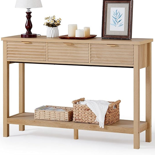 LEYAOYAO Fluted 47.2" Console Table with 3 Drawers, Modern Wood 2 Tier Entryway Table with Open Storage Shelf, Boho Sofa Entry Tables Behind Couch for Living Room, Hallway, Entrance Foyer, Natural Oak