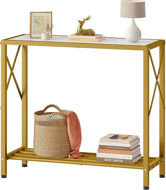 Tajsoon 28.3" Entryway Table, 2-Tier Small Consle Table for Entryway, Narrow Sofa Table with Shelves, Entrace Table for Hallway, Living Room, Corridor, Office, Gold & White