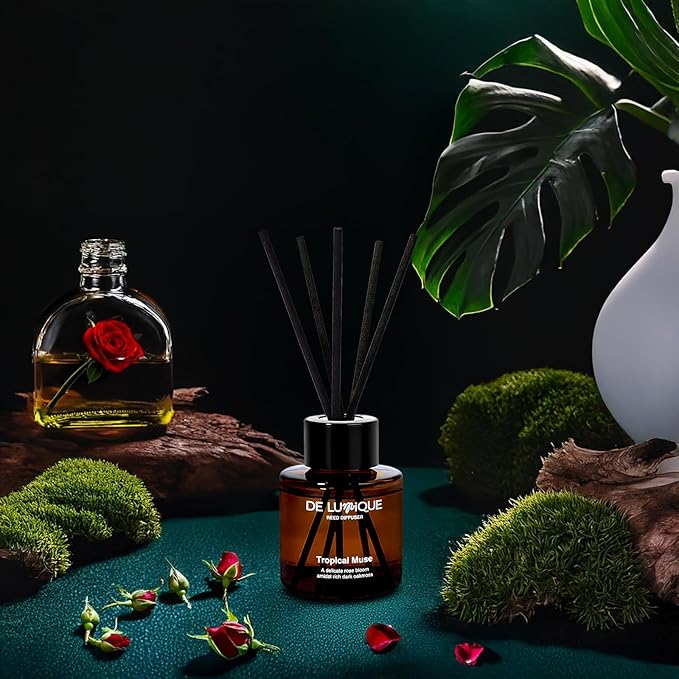 Reed Diffuser for Bathroom Bathroom Diffuser with Sticks – Essential Oil – Long Lasting – Tropical Muse Scent with Rose, Oakmoss, Peony, and Freesia – 50ml