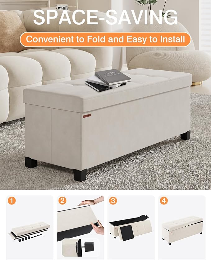 Foldable Storage Ottoman Bench, Velvet Footrest and Seat Cube with Feet, Storage Chest, for Living Room, Bedroom and Office, 15 x 43 x 15.7 Inches, Cream White, UASND24W