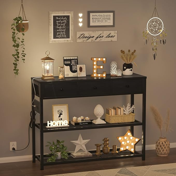 Ecopriso 47'' Entryway Table with Outlets and USB Ports, Console Table with 3 Drawers, Sofa Table Narrow Long with Storage Shelves for Living Room, Couch, Hallway, Foyer, Kitchen Counter, Black