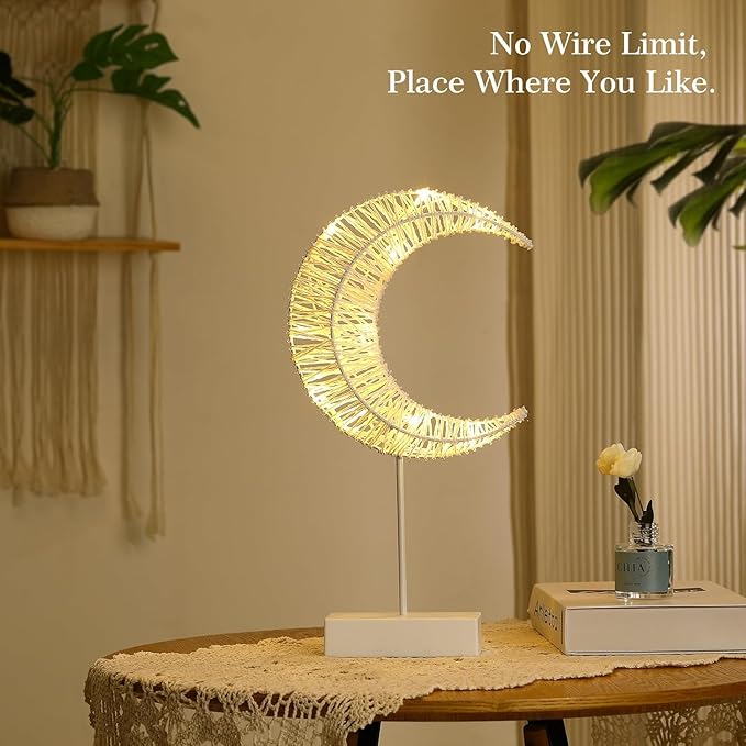 Decorative Table Lamp, Moon Shape Rattan Ramadan Desk Lamp Battery Powered Light, Winding Thread Warm LED Crescent Light Christmas Home Bedroom Romantic Bedside Desktop Nightstand Decoration, White