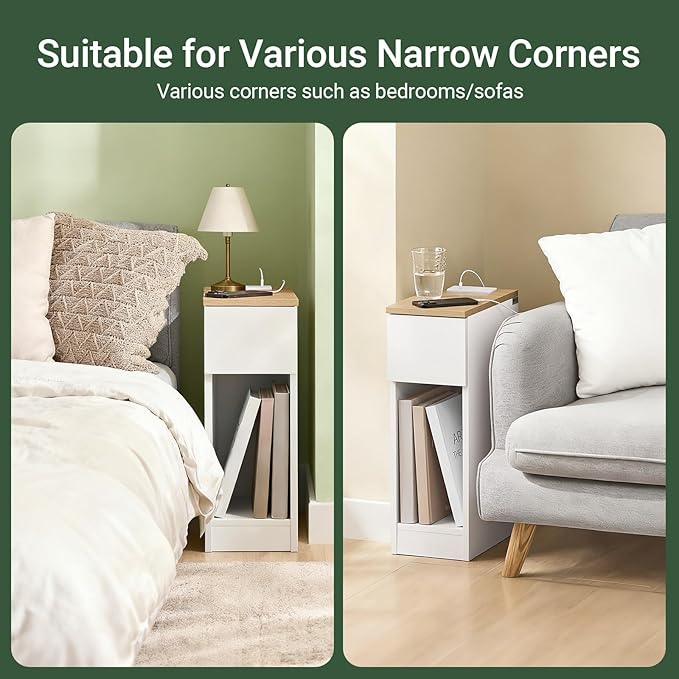 SoBuy Narrow Nightstand with Charging Station, Slim Bedside Table with Drawers, USB & Type-C Ports for Dorm Bedroom and Living Room, White, FBT111-E-WN