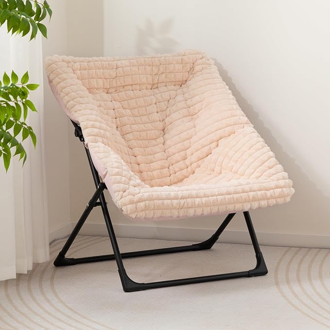 HollyHOME X-Large Saucer Chair, Comfy Oversized Folding Chair, Faux-Fur Reading Chair for Teens, Adults, Foldable Accent Chair, Metal Lounge Chair for Living Room, Bedroom, Dorm, Grid Champagne Pink