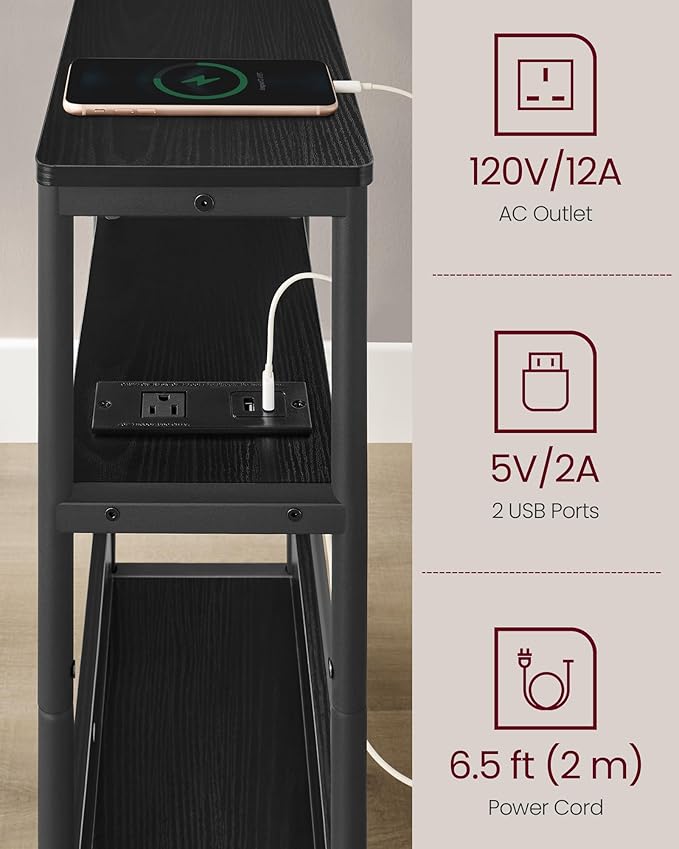 VASAGLE Side Table with Charging Station, Narrow End Table, 3-Tier Nightstand, Sofa Table for Small Spaces, Magazine Rack, for Living Room, Bedroom, Study, Ebony Black and Ink Black ULET335B01