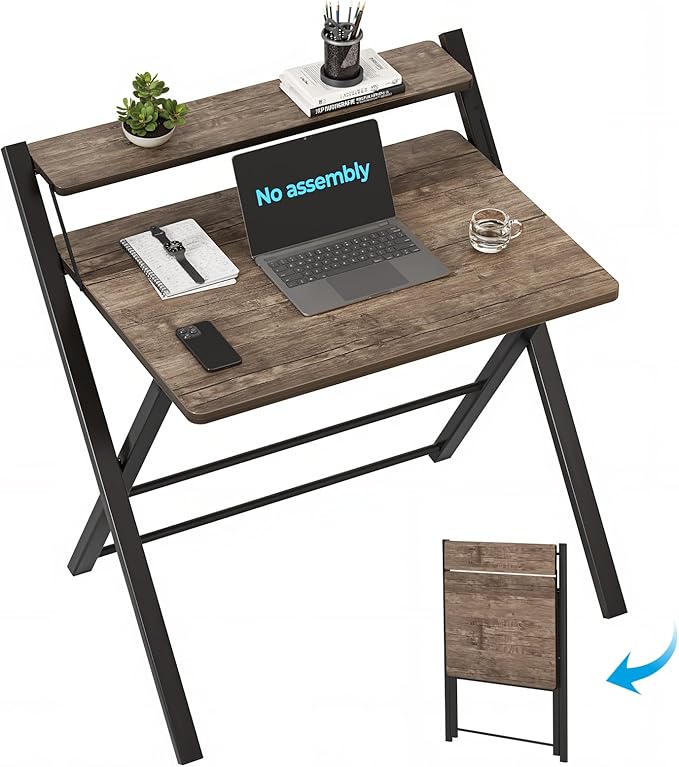 GreenForest No Assembly Folding Desk, 2-Tier Compact Computer Desk with Shelf, 30 inch Space Saving Foldable Table for Home Office, Dorm or Apartment, Portable Collapsible Sturdy Laptop Desk, Brown