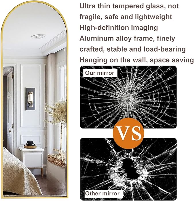 16" x 50" Adjustable Height Over The Door Mirror, Full Length Hanging Door Mirror with Shatterproof Tempered Glass Aluminum Alloy Frame for Bedroom, Living Room, Bathroom, Dorm, Gold
