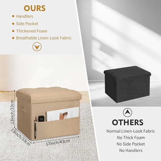Ottoman with Storage, Small Storage Ottoman Foot Rest with Thicker Foam Padded Seat. Foldable Linen Cloth Foot Stool for Living Room Bedroom, Holds Up to 300 lbs, 17x13x13IN(Beige)