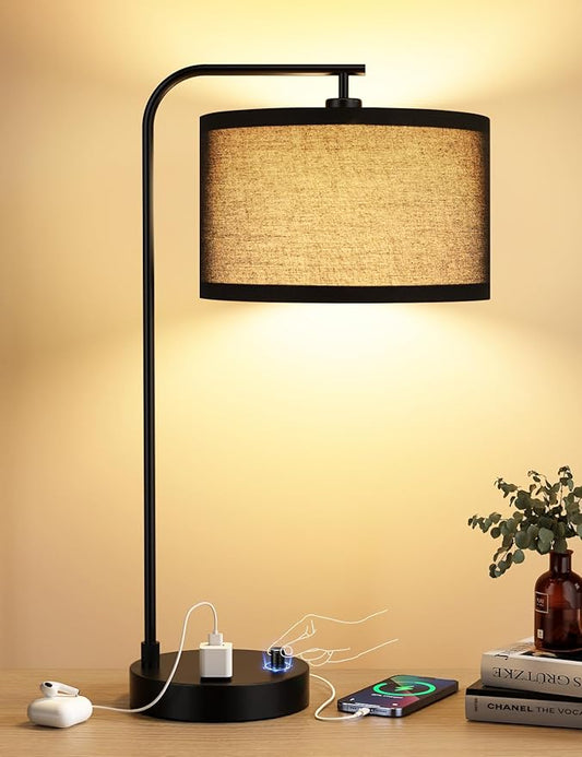 Black Tall Table Lamp with USB Port and Outlet, Dimmable Nightstand Bedside Lamps with Linen Lampshade, Desk Lamp for Bedroom, Living Room, Guest Room, Home Office, LED Bulb Included