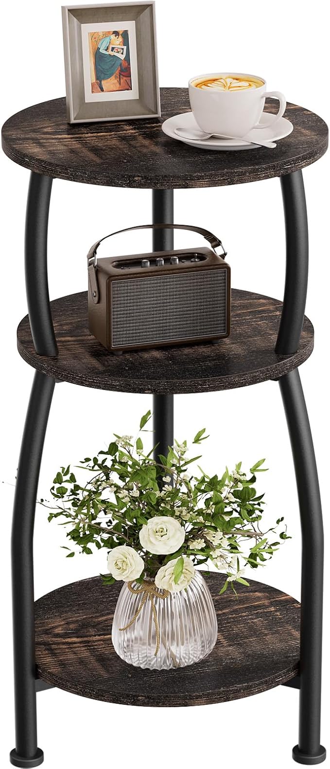 Small Round Side Table, 3-Tier End Table with Storage Shelf, Slim Sofa Table Coffee Table, Sturdy & Easy Assemble Nightstand for Small Spaces, Living Room Bedroom Corner, Oak Dark