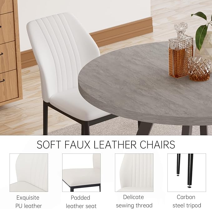 34.6'' Round Dining Table and Chairs for 2, Space Saving Modern Casual Coffee Table Set for Apartment Kitchen Dining Room (Grey Table+2 White Chairs)