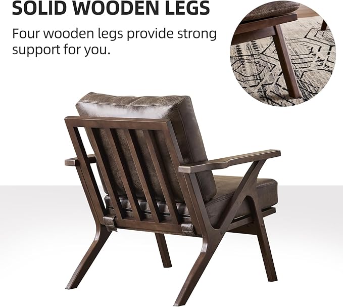 INZOY Mid-Century Modern Accent Chair with Wood Frame, PU Leather Living Room Chair and Soft Thick Padded Armchair for Living Room Bedroom Reception with Removable Upholstered Cushions, Dark Grey