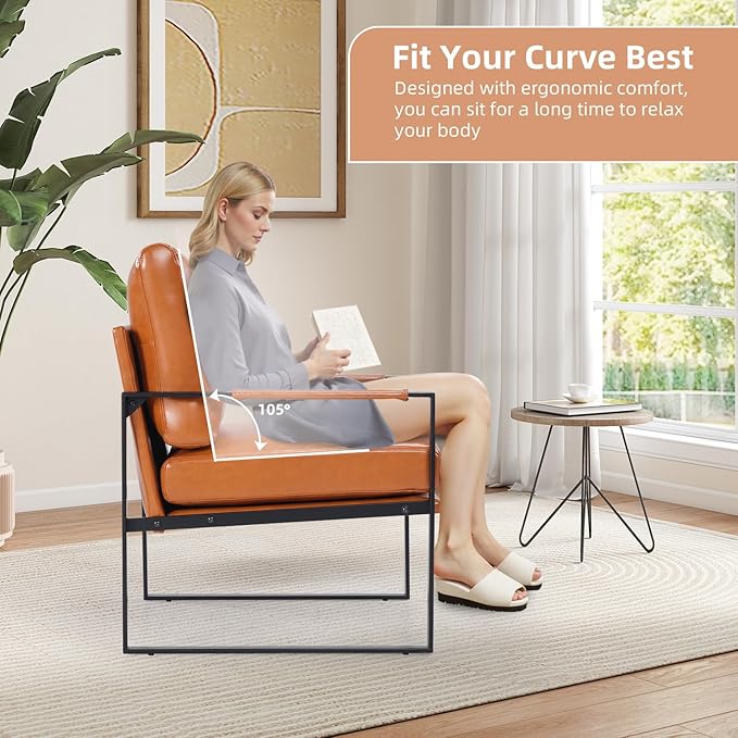 INZOY Mid Century Modern Accent Chair with Removable Cushions Set of 2, Comfy PU Leather Living Room Chairs with Thicker Backrest and Cushion, Metal Frame Design, Brown