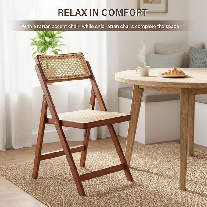 Rattan Folding Chairs, Modern Mid Century Dining Chairs Set of 2, Outdoor Bamboo Chairs for Bedroom Living Room Reading Room Dining Kitchen, Walnut