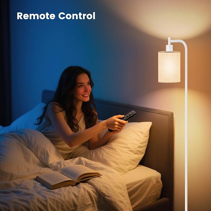 Floor Lamp with Linen Shade, Dimmable Tall Standing Lamp with Remote Control & 3 Color Temperatures, Modern Floor Lamps for Living Room Bedroom Office Corner, 9W LED Bulb Included